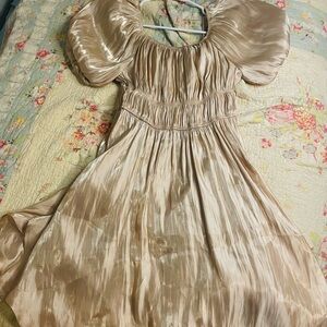 Gold Asymmetrical Smocked Sundress with Puff Sleeves